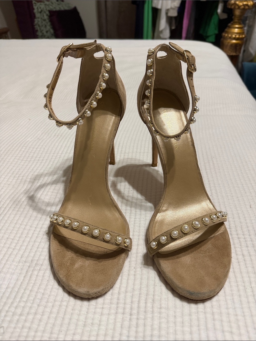Stuart Weitzman Nude Pearl-Embellished Ankle-Strap Heels